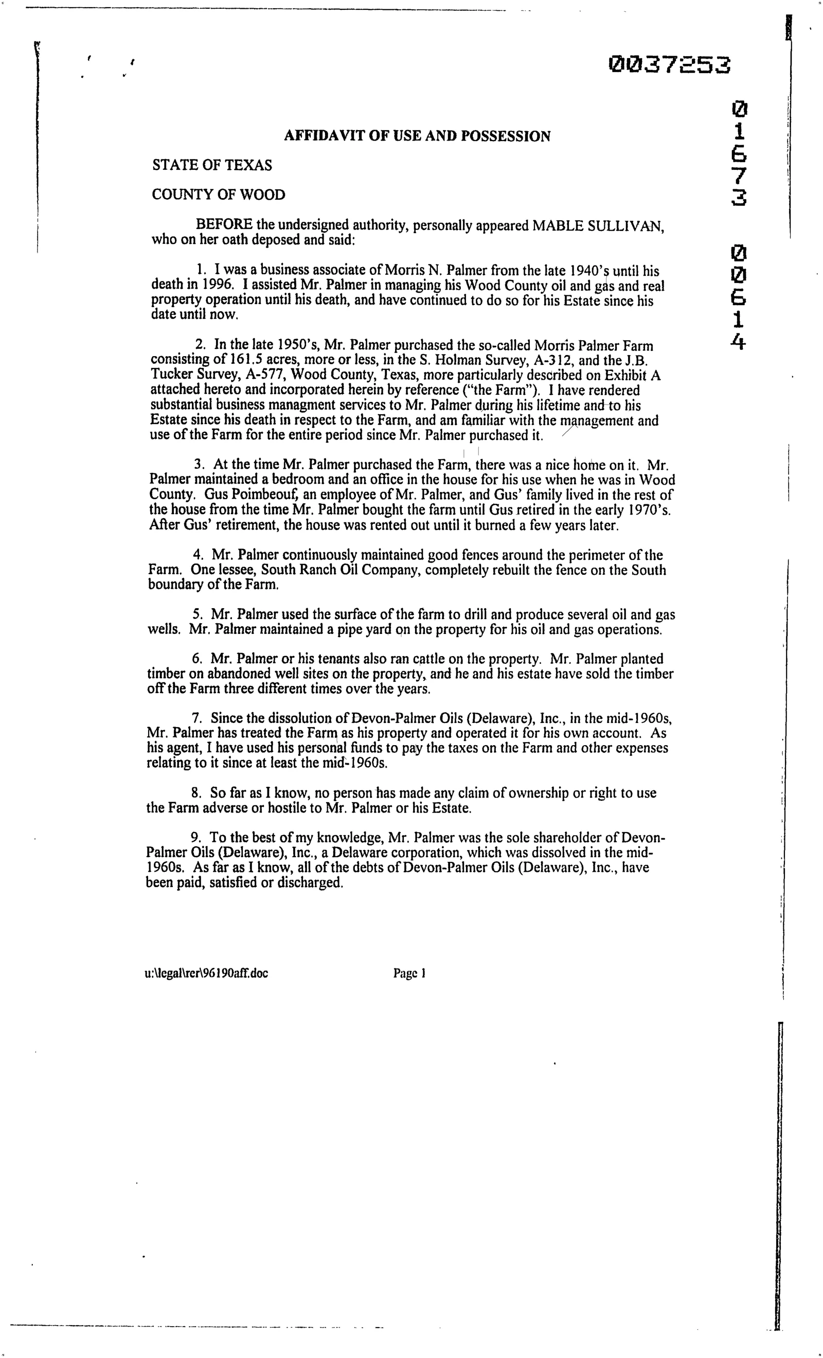 South Ranch Oil Co Inc. - Recorded Affidavit (Vol. 1673, Page 614)