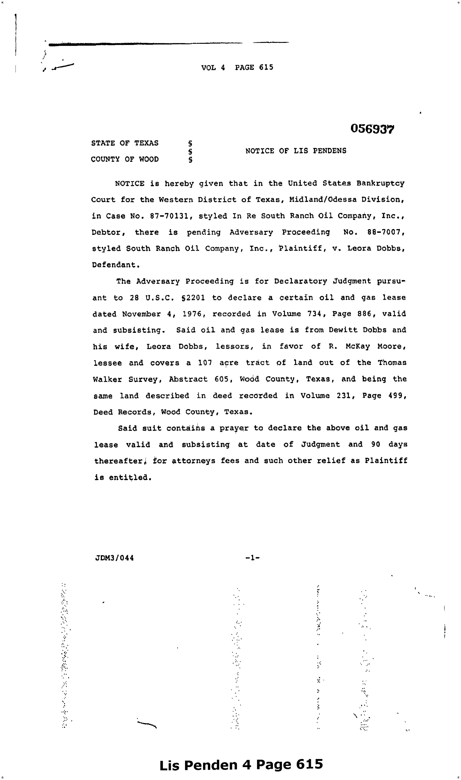 South Ranch Oil Co Inc. - Recorded Lis Pendens (Vol. 4, Page 615)